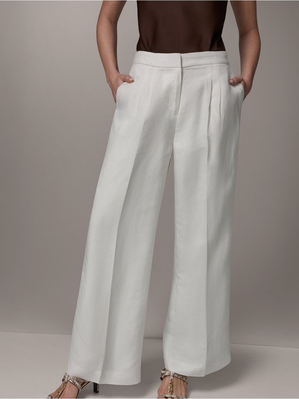 Donna Karan Cream Wide-Leg Pleated Trousers